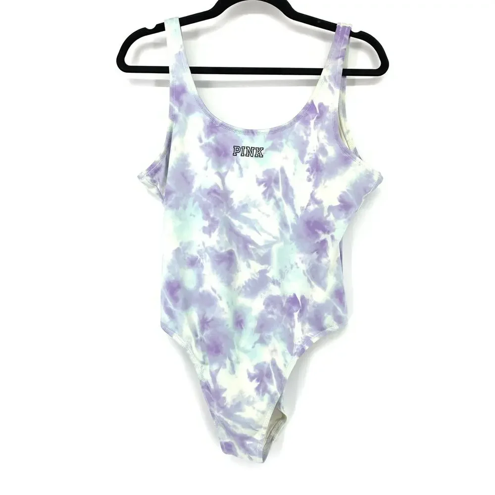 Pink Sport Women's Size L Scoop Neck One Piece Swimsuit Tie Dye White/Purple